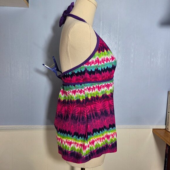Athleta LT Pink Green Striped Floral Halter Tie Open Back Bathing Suit Top - Picture 4 of 10